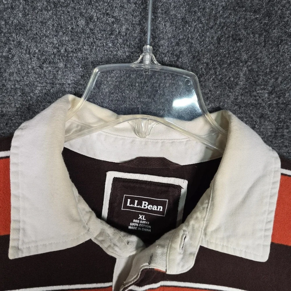 LL Bean Rugby Shirt Mens XL Striped Orange Brown Long Sleeve Cotton Fall Autumn